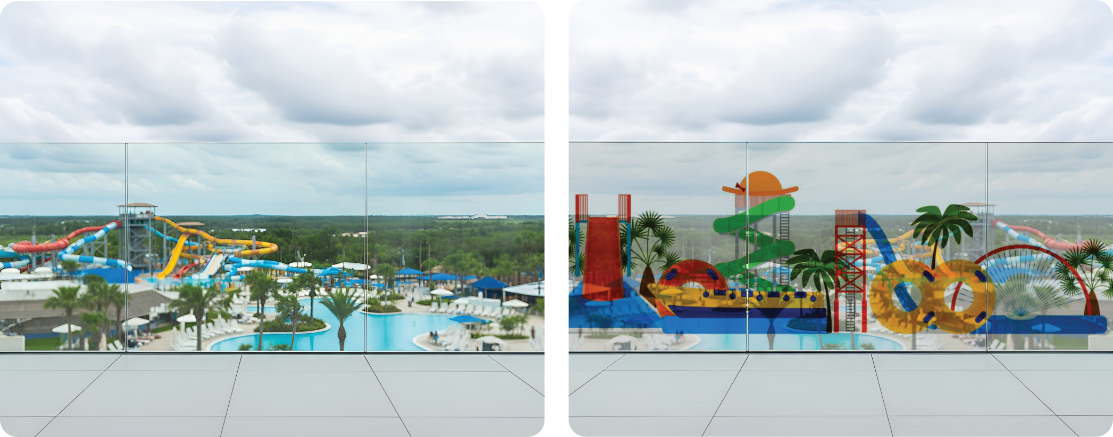 Ride Waiting Area Glass Barrier | Waterpark Landscape Graphics